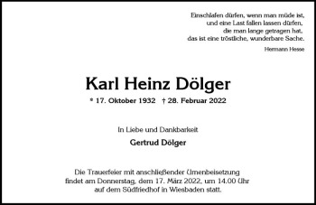 Traueranzeige von Karl Heinz Dölger von vrm-trauer Wiesbadener Kurier
