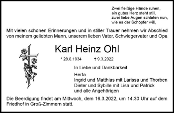 Traueranzeige von Karl Heinz Ohl von vrm-trauer DieburgerAnzeiger/Groß-Zimmerner Lokala