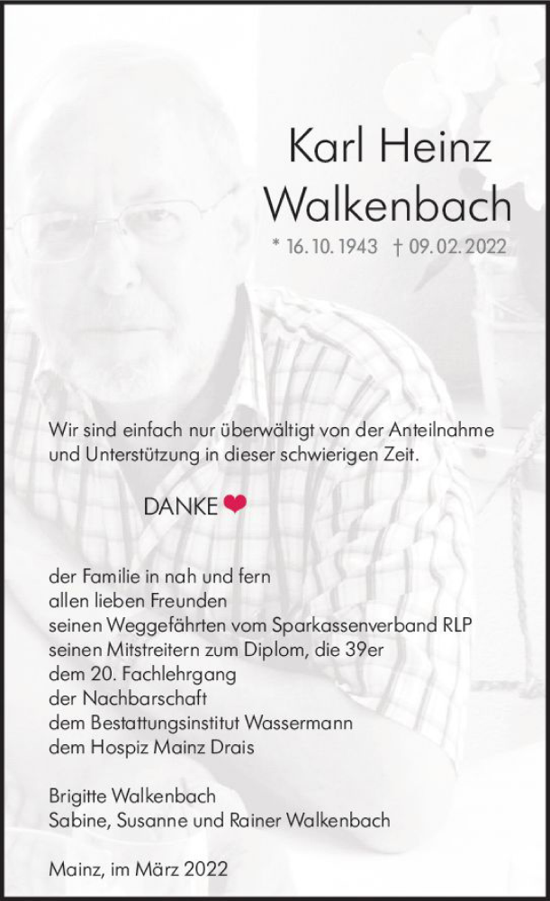  Traueranzeige für Karl Heinz Walkenbach vom 09.03.2022 aus vrm-trauer AZ Mainz