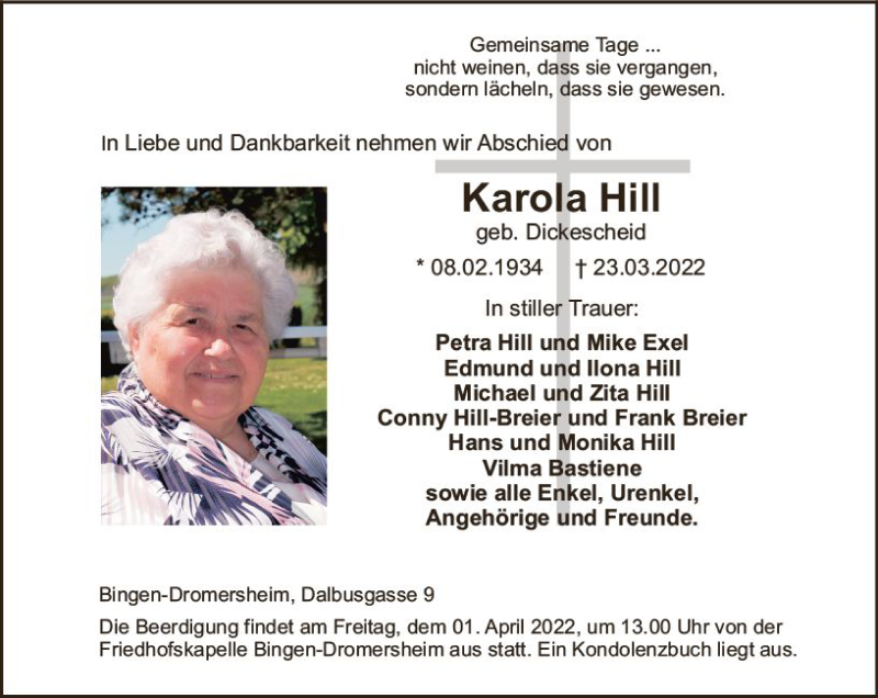  Traueranzeige für Karola Hill vom 26.03.2022 aus vrm-trauer Allgemeine  Zeitung Ingelheim-Bingen