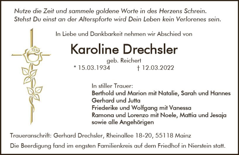  Traueranzeige für Karoline Drechsler vom 19.03.2022 aus vrm-trauer AZ Mainz