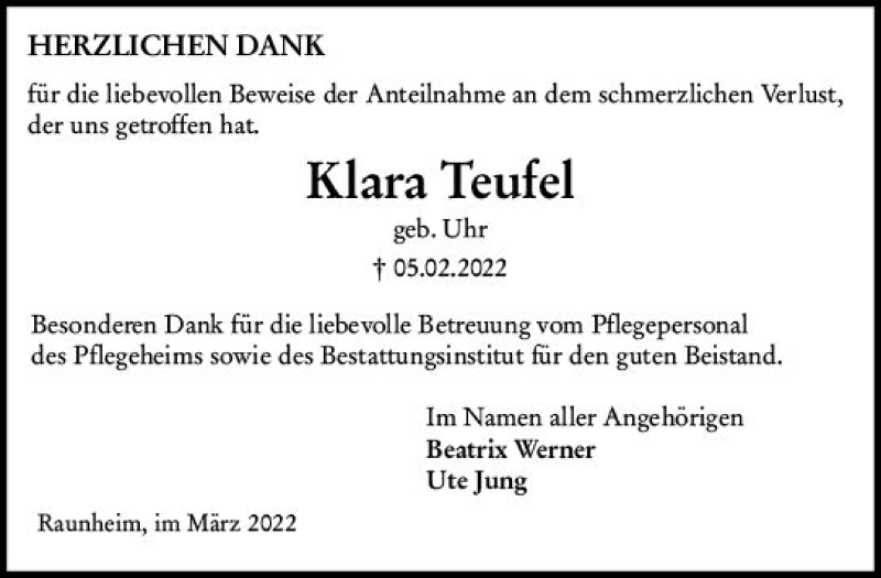  Traueranzeige für Klara Teufel vom 09.03.2022 aus vrm-trauer Rüsselsheimer Echo / MainSpitze