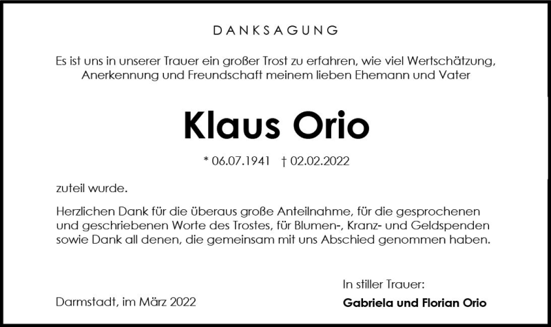  Traueranzeige für Klaus Orio vom 05.03.2022 aus vrm-trauer Darmstädter Echo
