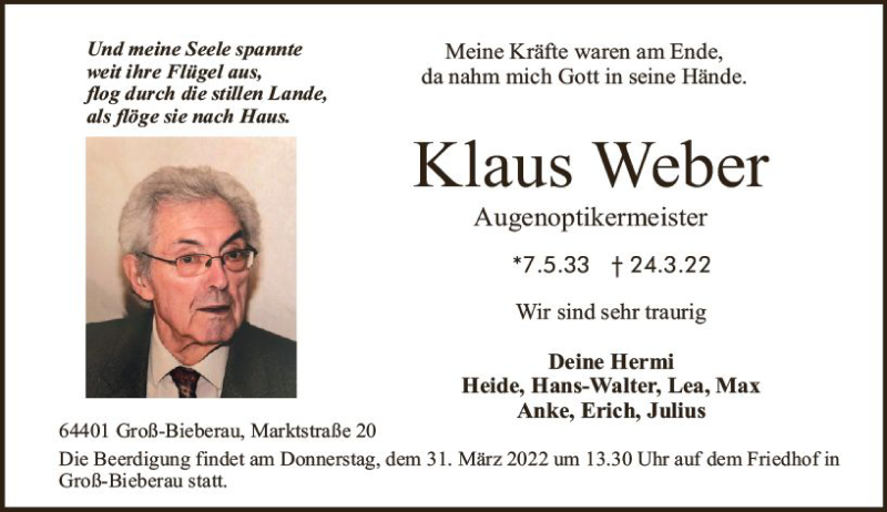  Traueranzeige für Klaus Weber vom 26.03.2022 aus vrm-trauer Darmstädter Echo