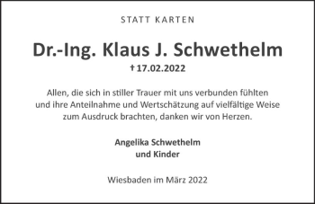 Traueranzeige von Klaus J. Schwethelm von vrm-trauer Wiesbadener Kurier