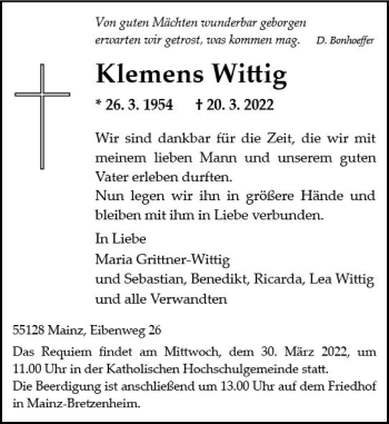 Traueranzeige von Klemens Willig von vrm-trauer AZ Mainz