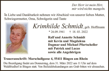 Traueranzeige von Krimhilde Schmidt von vrm-trauer Allgemeine  Zeitung Ingelheim-Bingen