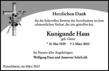 Traueranzeige von Kunigunde Haus von vrm-trauer Rüsselsheimer Echo / MainSpitze