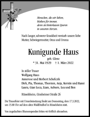 Traueranzeige von Kunigunde Haus von vrm-trauer Rüsselsheimer Echo / MainSpitze