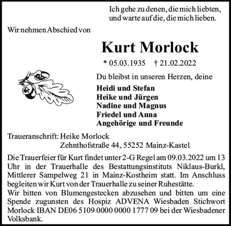  Traueranzeige für Kurt Morlock vom 05.03.2022 aus vrm-trauer AZ Mainz