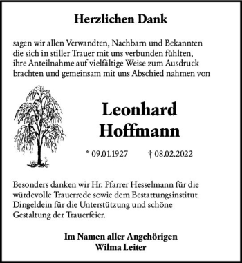 Traueranzeige von Leonhard Hoffmann von vrm-trauer Odenwälder Echo