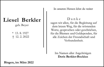 Traueranzeige von Liesel Berkler von vrm-trauer Allgemeine  Zeitung Ingelheim-Bingen