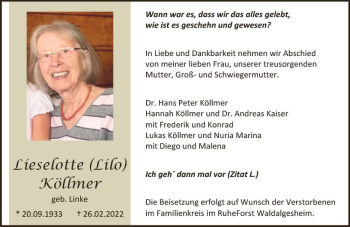 Traueranzeige von Lieselotte Köllmer von vrm-trauer Allgemeine  Zeitung Ingelheim-Bingen