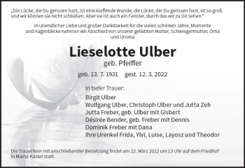 Traueranzeige von Lieselotte Ulber von vrm-trauer Wiesbadener Kurier