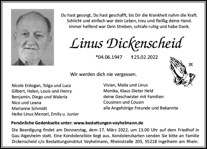  Traueranzeige für Linus Dickenscheid vom 12.03.2022 aus vrm-trauer Allgemeine  Zeitung Ingelheim-Bingen