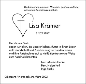 Traueranzeige von Lisa Krämer von vrm-trauer Odenwälder Echo