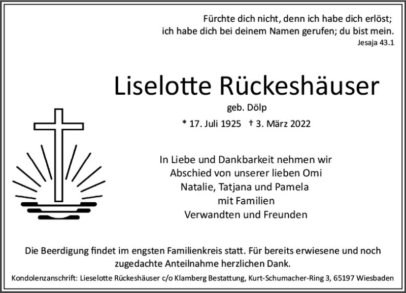  Traueranzeige für Liselotte Rückeshäuser vom 12.03.2022 aus vrm-trauer Wiesbadener Kurier