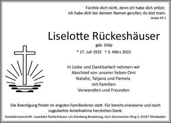 Traueranzeige von Liselotte Rückeshäuser von vrm-trauer Wiesbadener Kurier