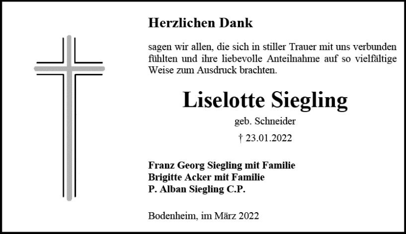 Traueranzeige für Liselotte Siegling vom 12.03.2022 aus vrm-trauer AZ Mainz