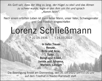Traueranzeige von Lorenz Schließmann von vrm-trauer Darmstädter Echo