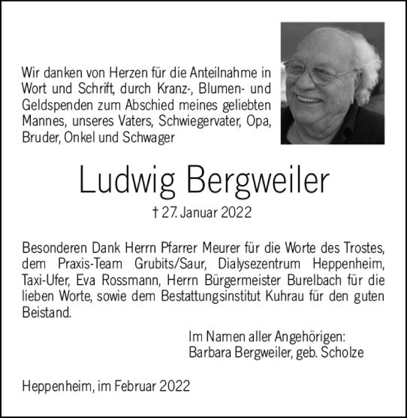  Traueranzeige für Ludwig Bergweiler vom 02.03.2022 aus vrm-trauer Bürstädter/Lamperth. Ztg/Starkenburger