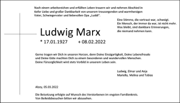 Traueranzeige von Ludwig Marx von vrm-trauer Allgemeine Zeitung Alzey