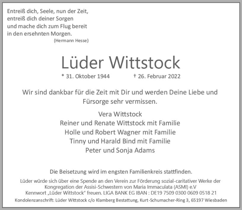  Traueranzeige für Lüder Wittstock vom 12.03.2022 aus vrm-trauer Wiesbadener Kurier