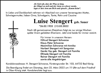 Traueranzeige von Luise Stengert von vrm-trauer Odenwälder Echo