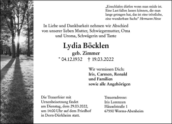 Traueranzeige von Lydia Böcklen von vrm-trauer Wormser Zeitung