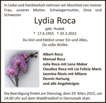 Traueranzeige von Lydia Roca von vrm-trauer Darmstädter Echo