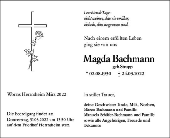 Traueranzeige von Magda Bachmann von vrm-trauer Wormser Zeitung