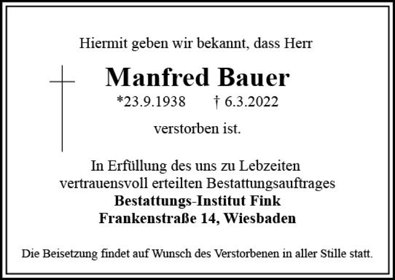  Traueranzeige für Manfred Bauer vom 12.03.2022 aus vrm-trauer Wiesbadener Kurier