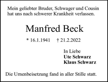 Traueranzeige von Manfred Beck von vrm-trauer Darmstädter Echo