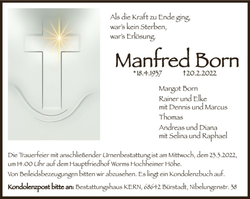  Traueranzeige für Manfred Born vom 19.03.2022 aus vrm-trauer Wormser Zeitung