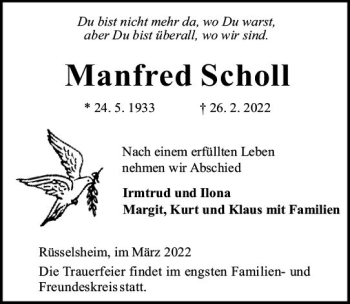 Traueranzeige von Manfred Scholl von vrm-trauer Rüsselsheimer Echo / MainSpitze