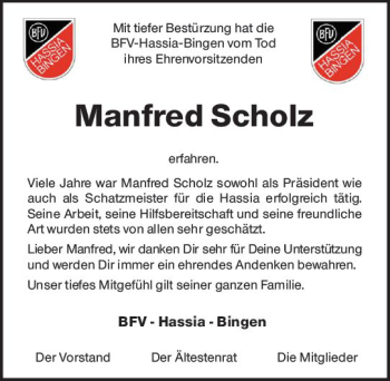 Traueranzeige von Manfred Scholz von vrm-trauer Allgemeine  Zeitung Ingelheim-Bingen