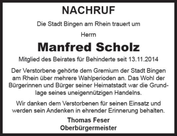 Traueranzeige von Manfred Scholz von vrm-trauer Allgemeine  Zeitung Ingelheim-Bingen
