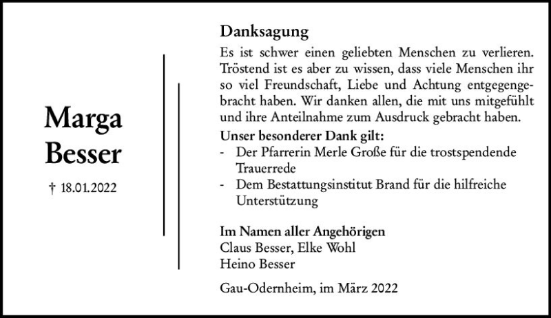 Traueranzeige für Marga Besser vom 05.03.2022 aus vrm-trauer Allgemeine Zeitung Alzey