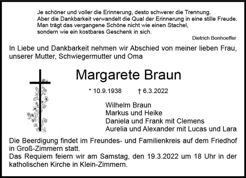  Traueranzeige für Margarete Braun vom 10.03.2022 aus vrm-trauer DieburgerAnzeiger/Groß-Zimmerner Lokala