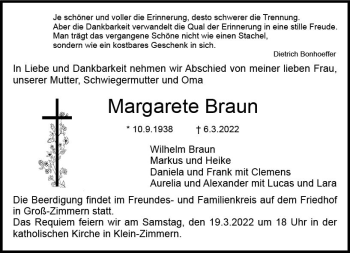 Traueranzeige von Margarete Braun von vrm-trauer DieburgerAnzeiger/Groß-Zimmerner Lokala