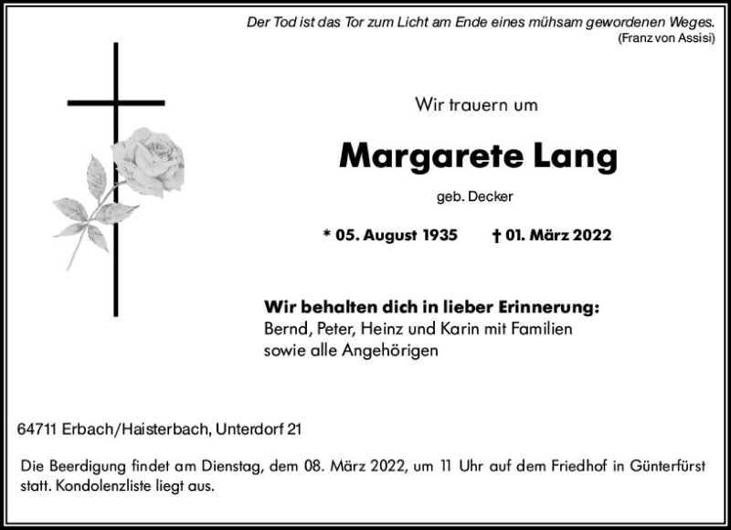  Traueranzeige für Margarete Lang vom 05.03.2022 aus vrm-trauer Odenwälder Echo