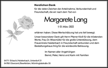 Traueranzeige von Margarete Lang von vrm-trauer Odenwälder Echo