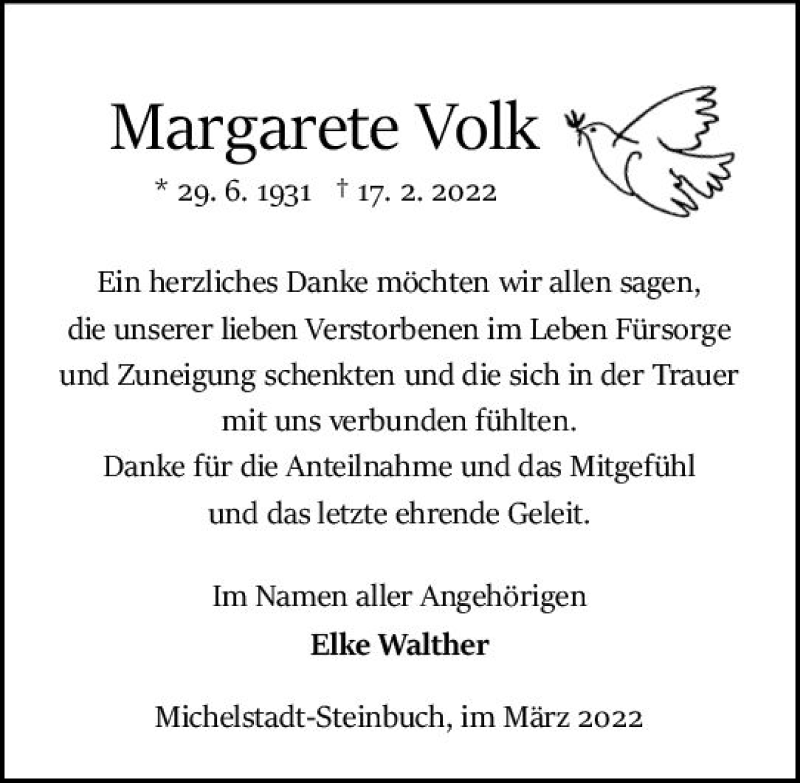  Traueranzeige für Margarete Volk vom 26.03.2022 aus vrm-trauer Odenwälder Echo