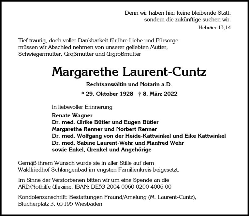  Traueranzeige für Margarethe Laurent-Cuntz vom 26.03.2022 aus vrm-trauer Wiesbadener Kurier