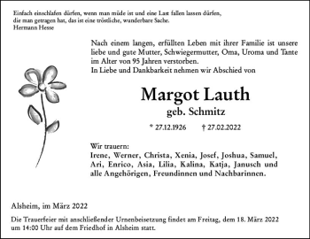 Traueranzeige von Margot Lauth von vrm-trauer Wormser Zeitung