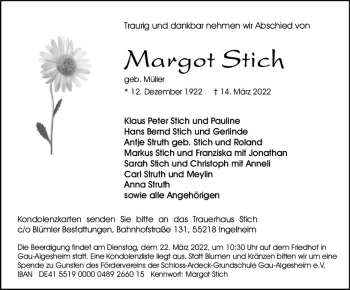 Traueranzeige von Margot Stich von vrm-trauer Allgemeine  Zeitung Ingelheim-Bingen
