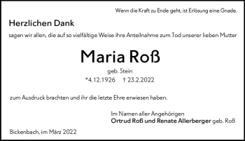 Traueranzeige von Maria Roß von vrm-trauer Darmstädter Echo