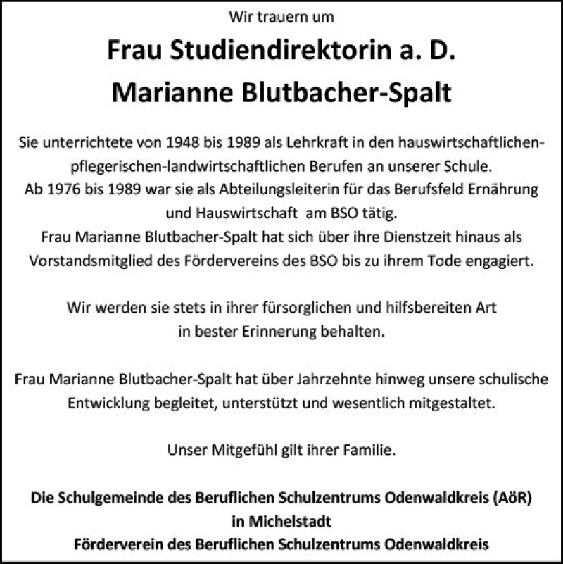  Traueranzeige für Marianne Blutbacher-Spalt vom 15.03.2022 aus vrm-trauer Odenwälder Echo
