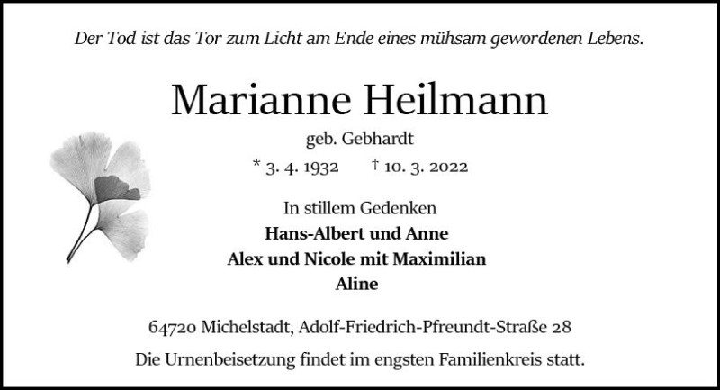 Traueranzeige für Marianne Heilmann vom 19.03.2022 aus vrm-trauer Odenwälder Echo