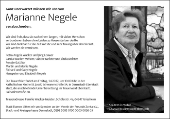 Traueranzeige von Marianne Negele von vrm-trauer Darmstädter Echo